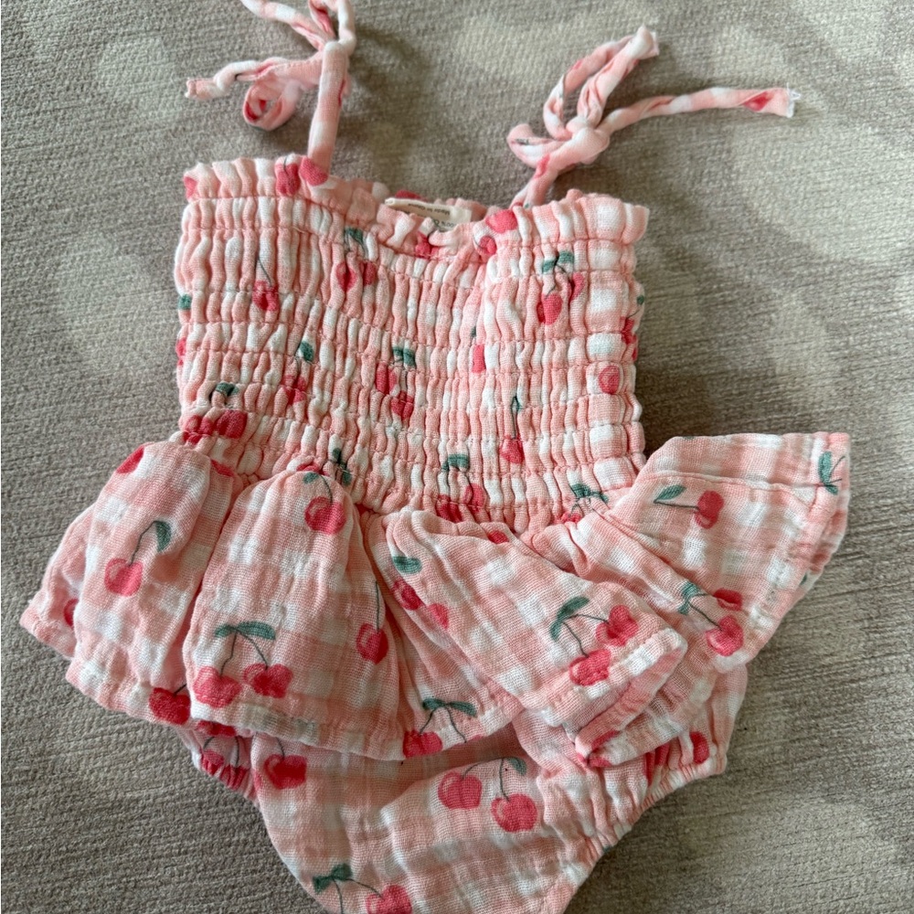 Spearmint Love Adorable Cherry Print Muslin Smocked Bubble w/ Skirt